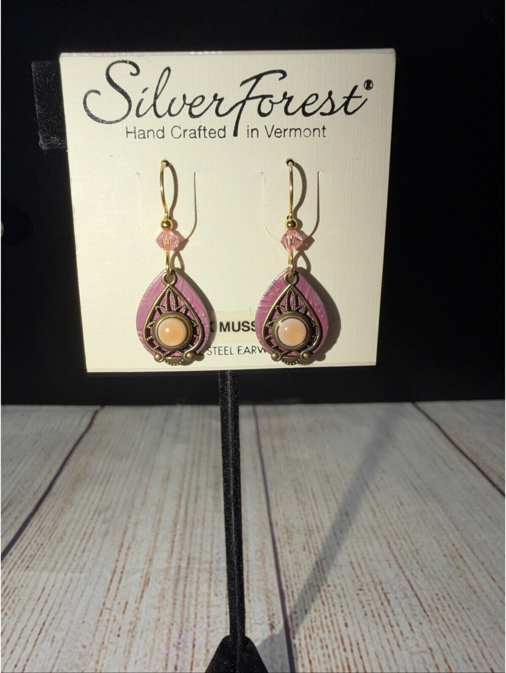 Silver Forest Dangle Drop Earrings Pink Mauve With Pearl Accents